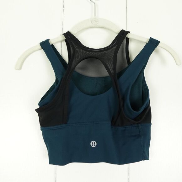 Lululemon Double Tap II Sports Bra SZ 2 Submarine Black and Teal Long Line Mesh - Picture 2 of 3